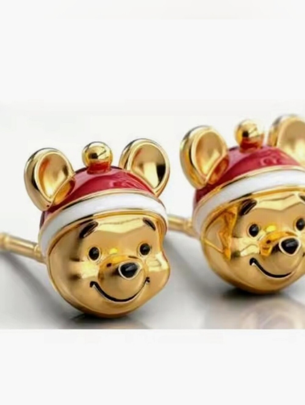 Gold Winnie The Pooh Face Stud Earrings with Red and White Hat